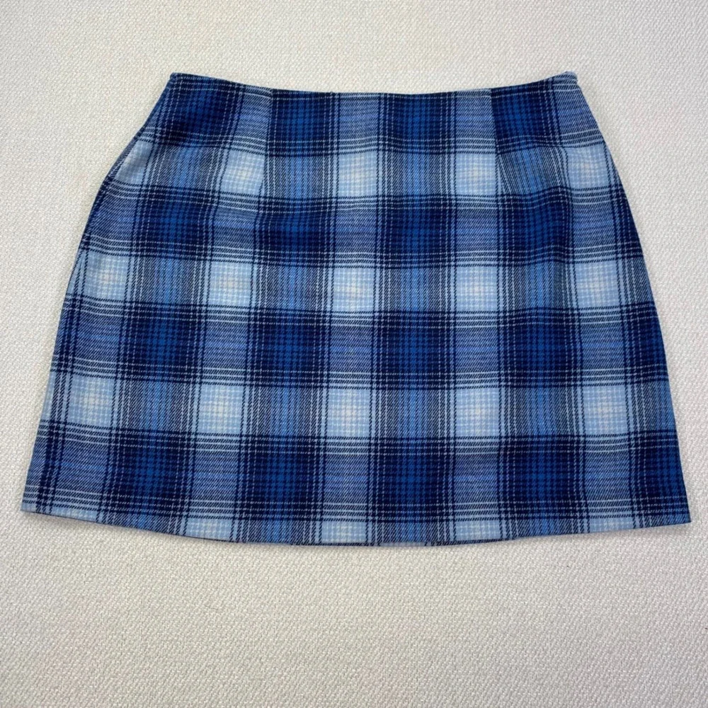 The Limited Plaid Mini Skirt Womens 12 Blue Wool Blend Italian Made Side Zip